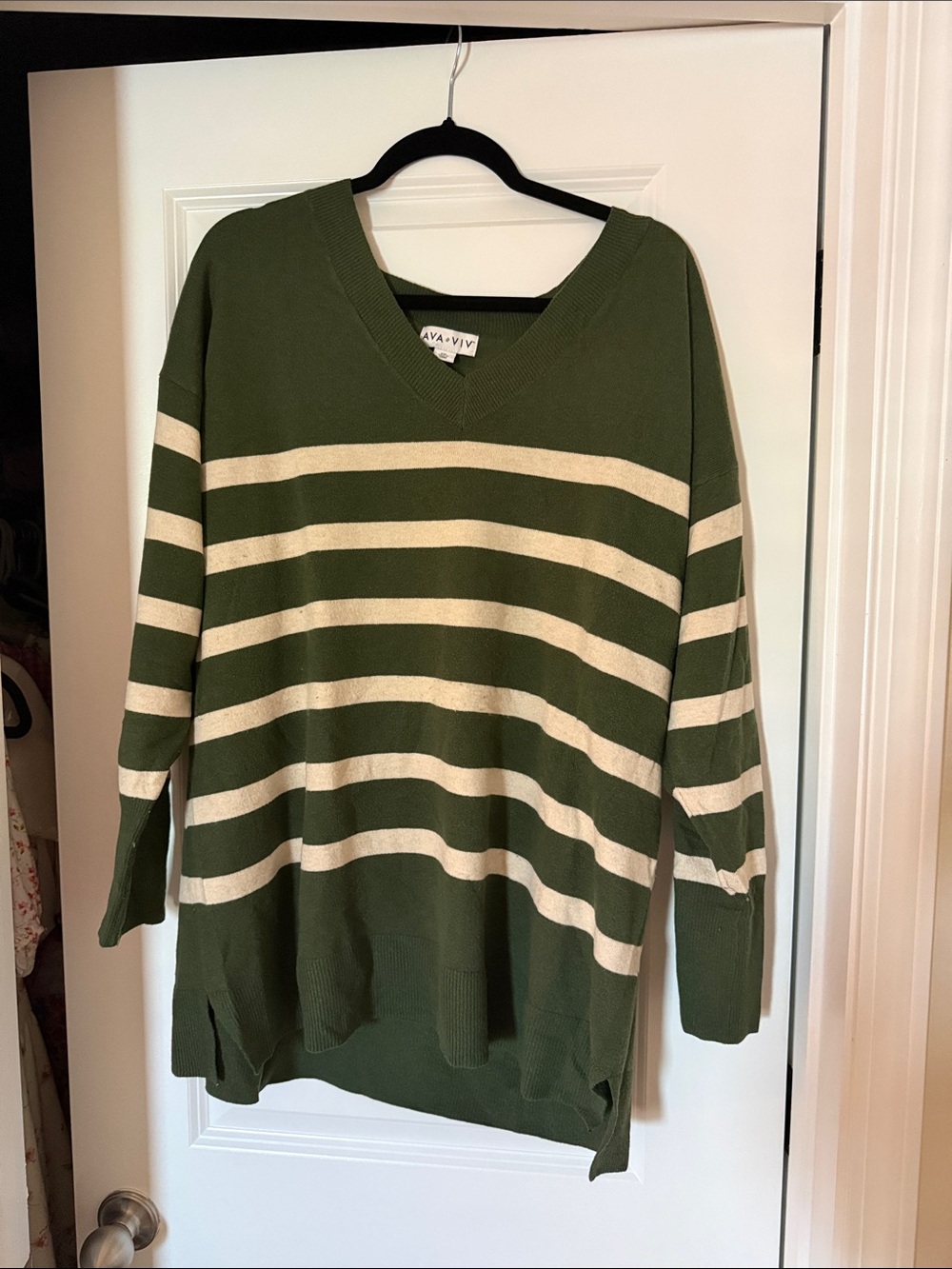 AVA & VIV Olive Green Striped V-Neck Sweater